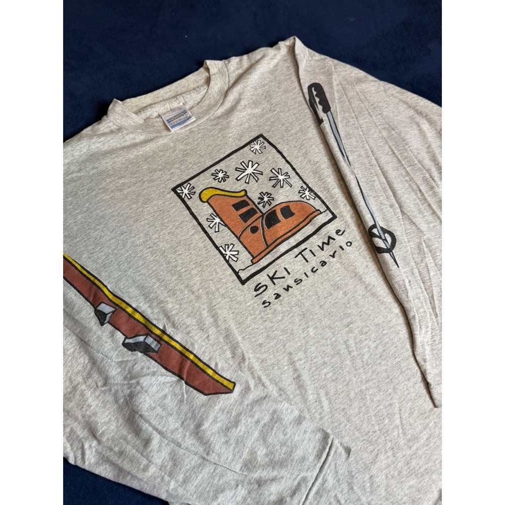 Vtg Screen Stars Long Sleeve Ski T Shirt Mens L Heather Gray 90s Sansicario